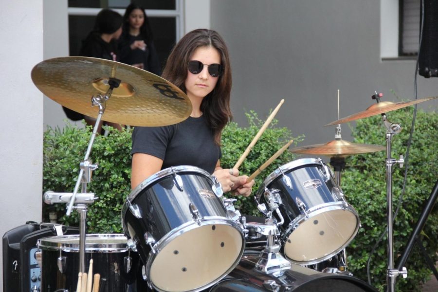 Drummer Mariana Gutierrez makes her talent heard throughout campus during the Hispanic Heritage Month show. 