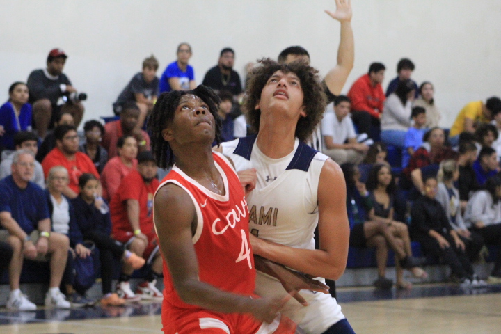 Opposing sides jab at each other for a loose basketball.  