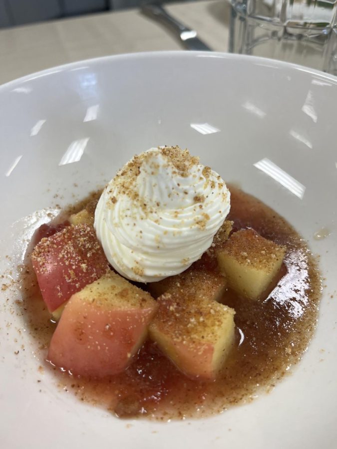 To top their dish off with sweetness, Perez finished an apple trifle.