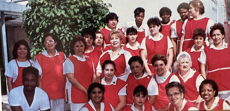 Celebrating a group picture in 1991, Mary Hodges (top, center) shows her beginnings as cafeteria cook.