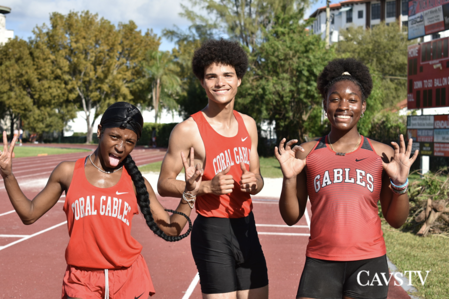 Three members of the track team, Jermiyah Council, William Bruneau and Keliss Hope-Moody pose during one of the home track meets of the season that helped to prepare them for districts.