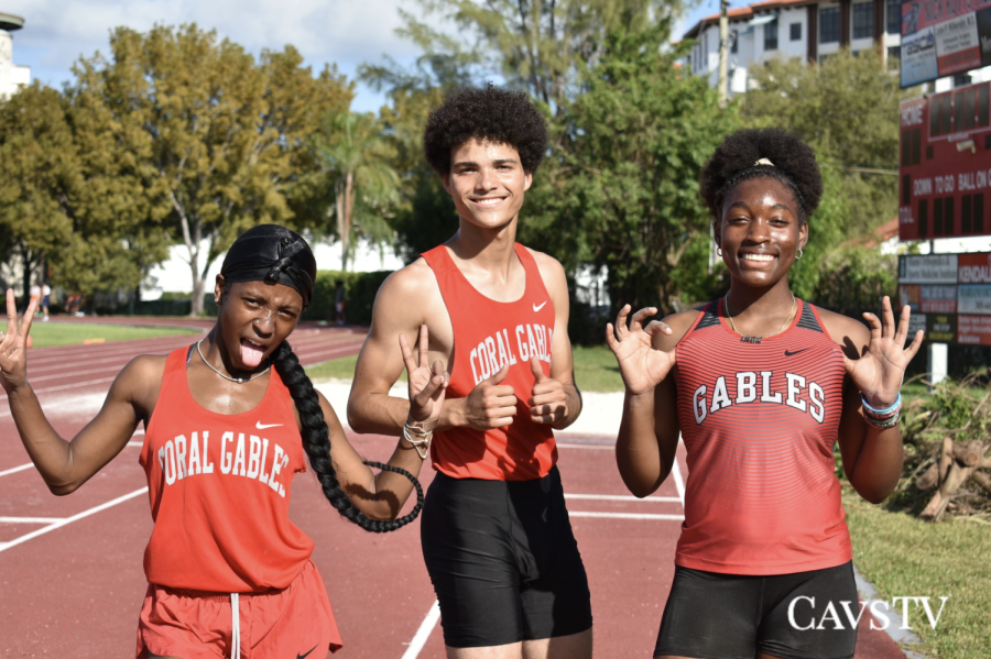 Three+members+of+the+track+team%2C+Jermiyah+Council%2C+William+Bruneau+and+Keliss+Hope-Moody+pose+during+one+of+the+home+track+meets+of+the+season+that+helped+to+prepare+them+for+districts.