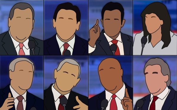 Eight candidates clashed on the debate floor on Aug. 23. 
First row (left to right): Chris Christie, Ron DeSantis, Vivek Ramaswamy, Nikki Haley. Second row: Asa Hutchinson, Mike Pence, Tim Scott and Doug Burgum.