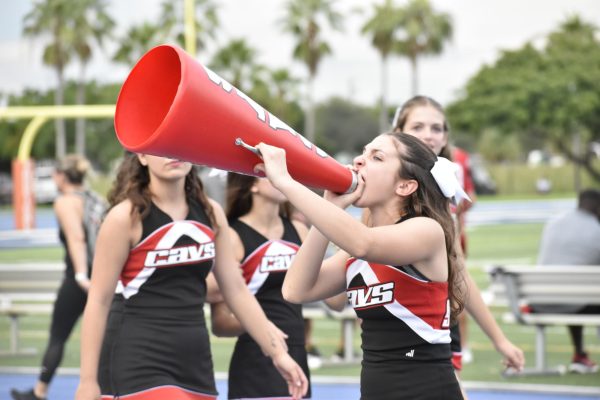 Junior Melissa Hernandez, cheerleading spirit officer, chants during games and encourages the crowd to follow along.
