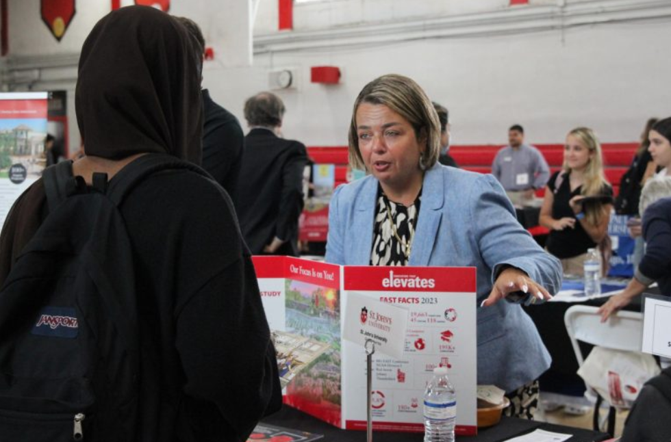 Representatives went all out on their booths to attract potential applicants. Infographics such as this one from St. John’s University in New York drew students in.