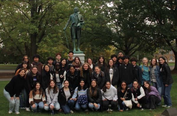 Students pose for a group picture during their visit to Hamilton University. 