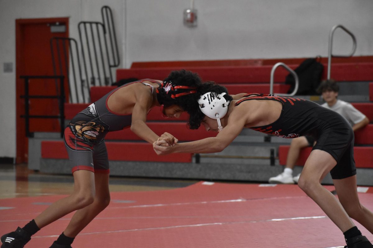 Wrestlers go head-to-head in a lightweight match. 