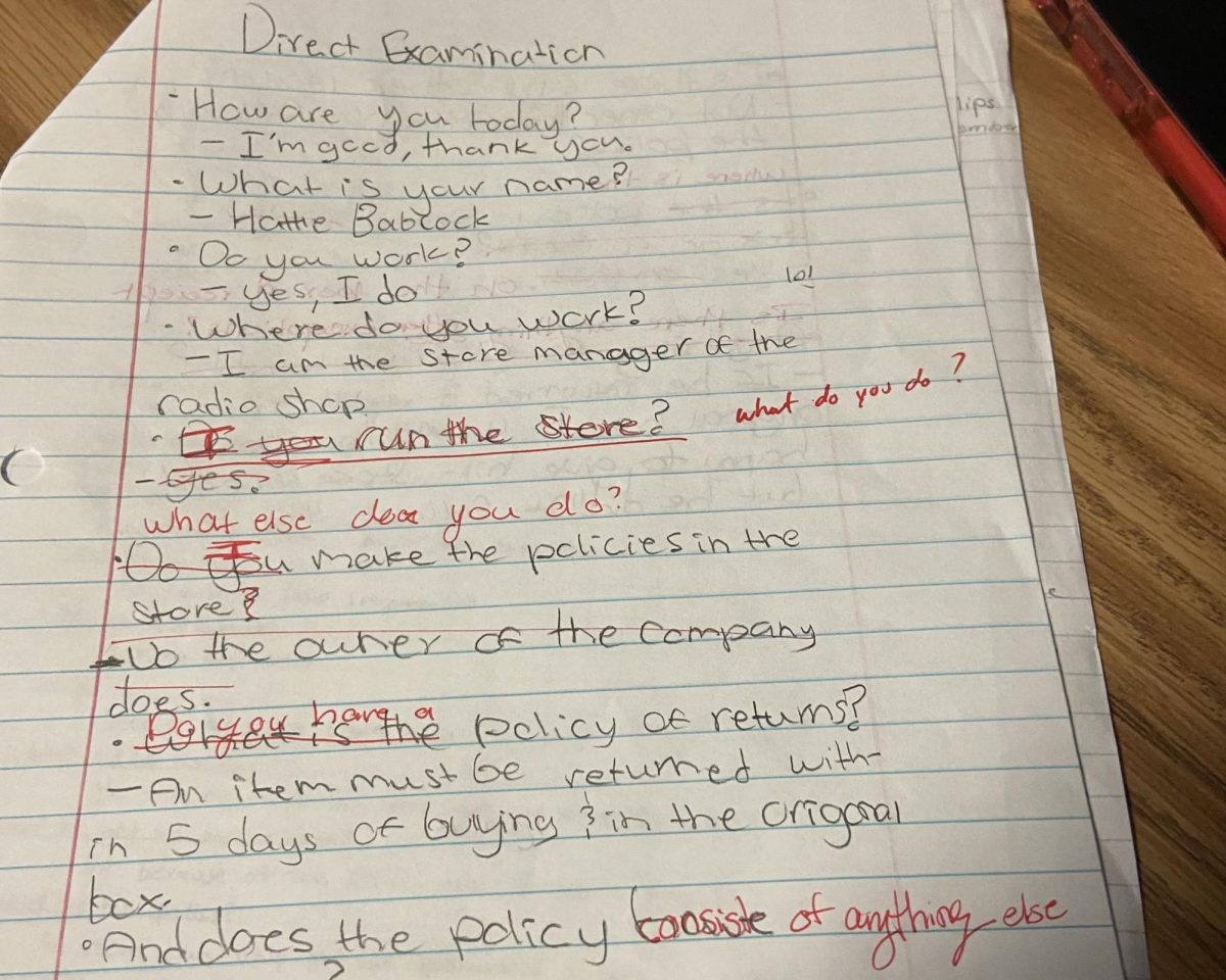 Brainstorming questions for a direct examination, Mr. Garcia provides edits to his students on details to improve for their interrogations. (Courtesy of Daniela Diaz)