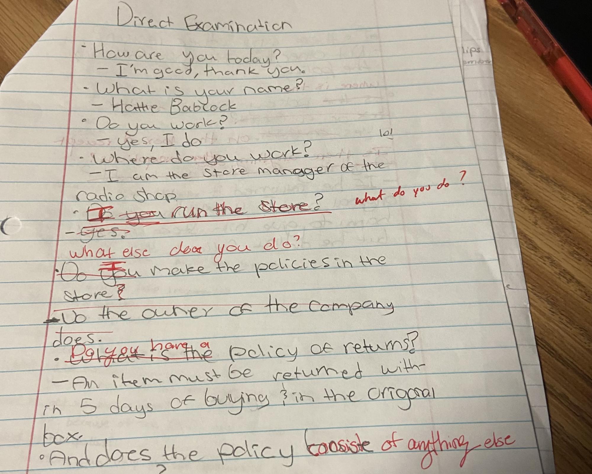 Brainstorming questions for a direct examination, Mr. Garcia provides edits to his students on details to improve for their interrogations. (Courtesy of Daniela Diaz)