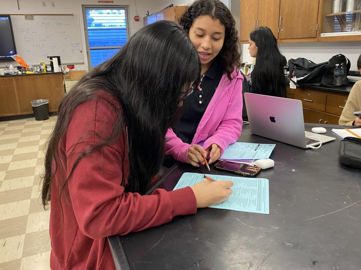Fully aware of their future, this pair of students openly discuss subject selection. One student offers advice while the other takes into consideration her career and the options available at Gables.