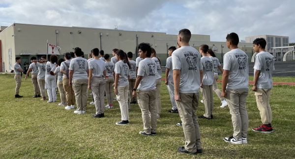 In preparation for their upcoming ceremony, the JROTC troop sets in formation at the Full Dress Review practice at Miami Jackson High.