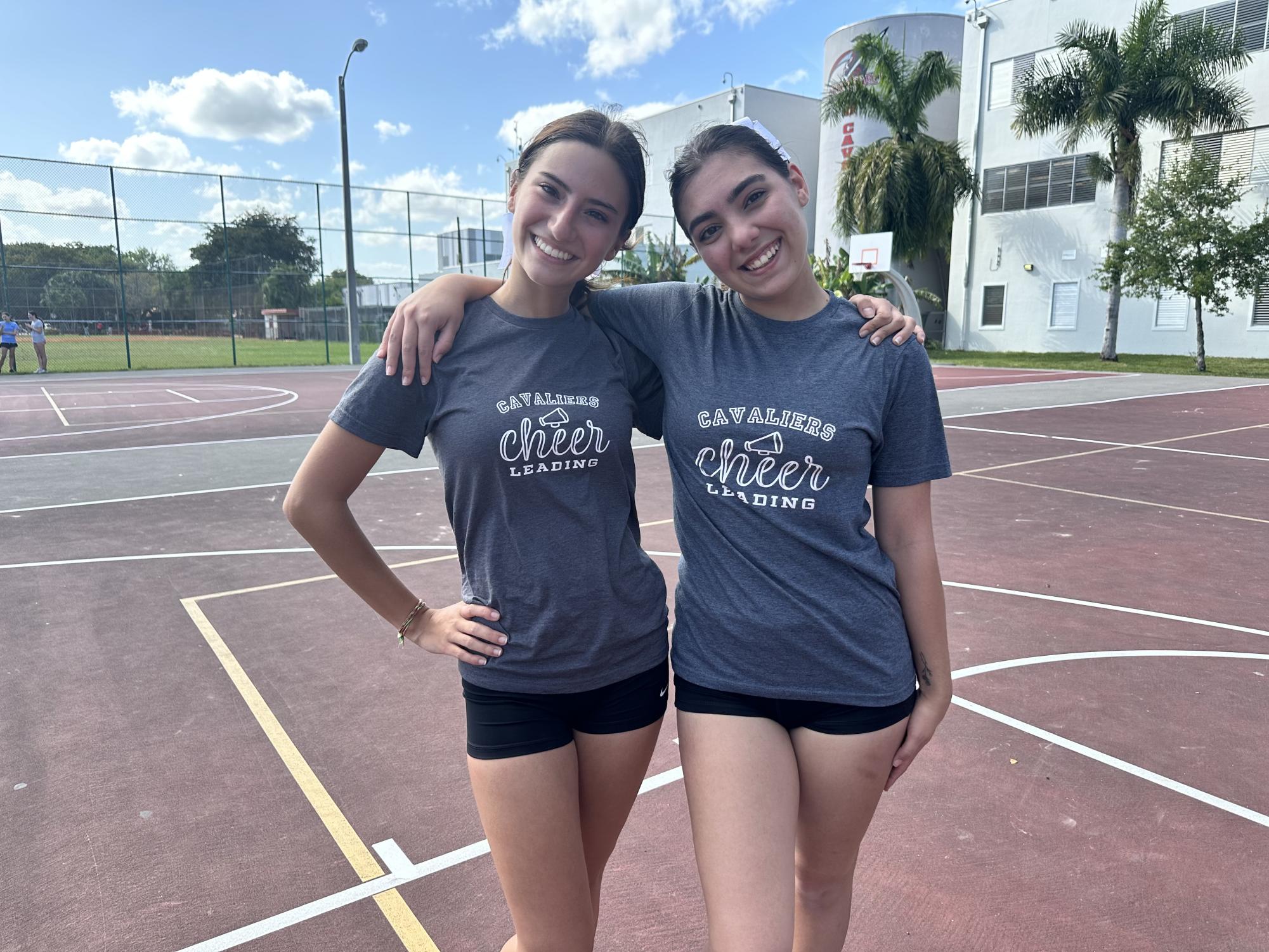Both juniors, Chiara Ortiz de Rosas and Samira Martinez executed their skill at the first cheer practice of the season.