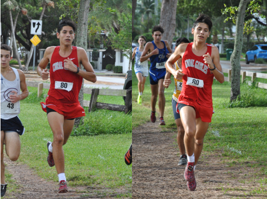 Luis Rodriguez reaching the halfway point (left) compared to finishing the race with on final push (right).