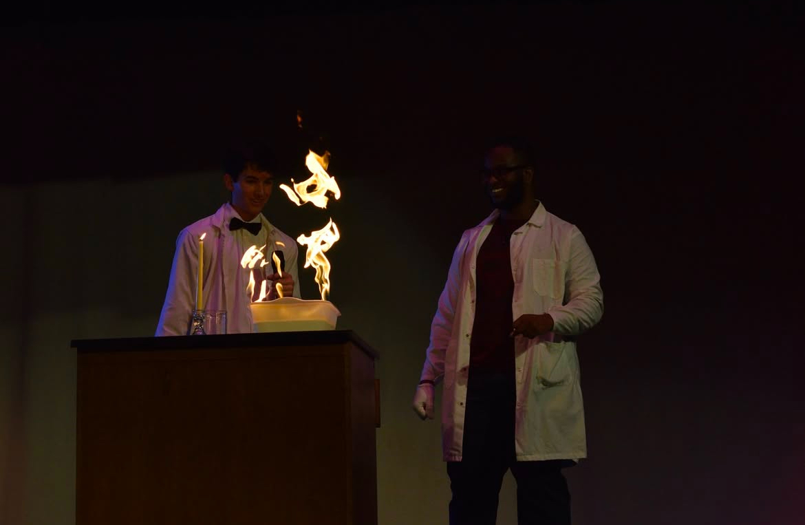 Assisted by Mr. Michel, Mr. IBHS leaves the audience stunned with a chemical reaction combustion.