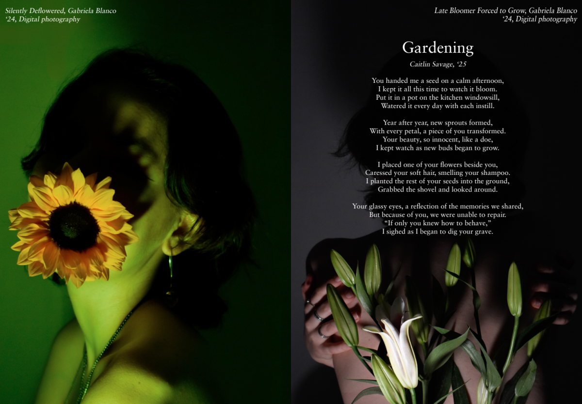 The first spread in the Anguish chapter displays wistful poetry. The speaker explores the evolution of her relationship using the metaphor of tending to a flower, that, like her relationships, inevitably die. 