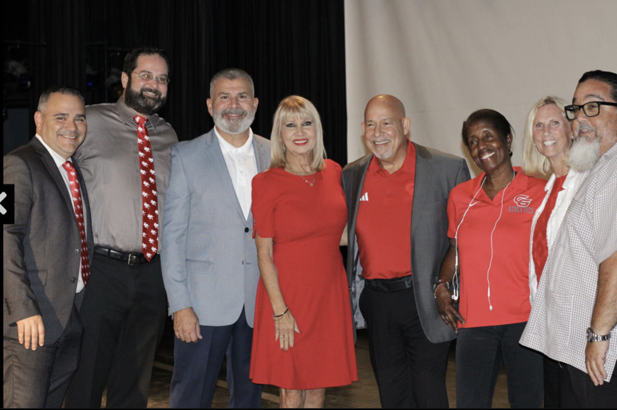 During. the 75th anniversary's pep rally, Gables' past principals were honored for their contributions to the school. Alumni recognized the faculty that once led them through their high school years. 