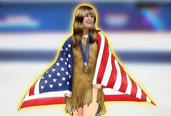 American figure skater Alysa Liu celebrates her Olympic victory, draped in the U.S. flag and wearing a gold medal after her winning performance.