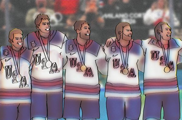 The 2026 roster, led by captain Auston Matthews, celebrated by playing music with boombox in the 2026 Winter Games.